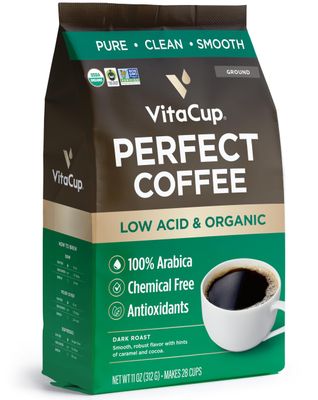VitaCup Perfect Low Acid Coffee Ground, USDA Organic &amp; Fair Trade, Mycotoxin Free, Dark Roast Guatemala Single Origin, Clean &amp; Pure for Drip Coffee Brewers and French Press, 11 ounces