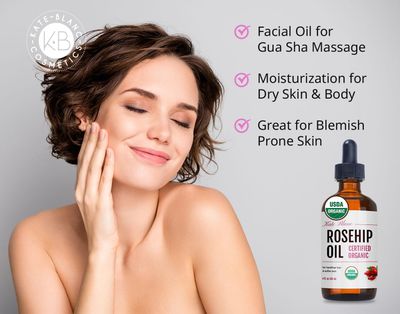 Kate Blanc Cosmetics Rosehip Oil for Face &amp; Skin (4oz, Organic, Pure, Cold Pressed) Rosehip Seed Face Oil for Facial &amp; Gua Sha Massage