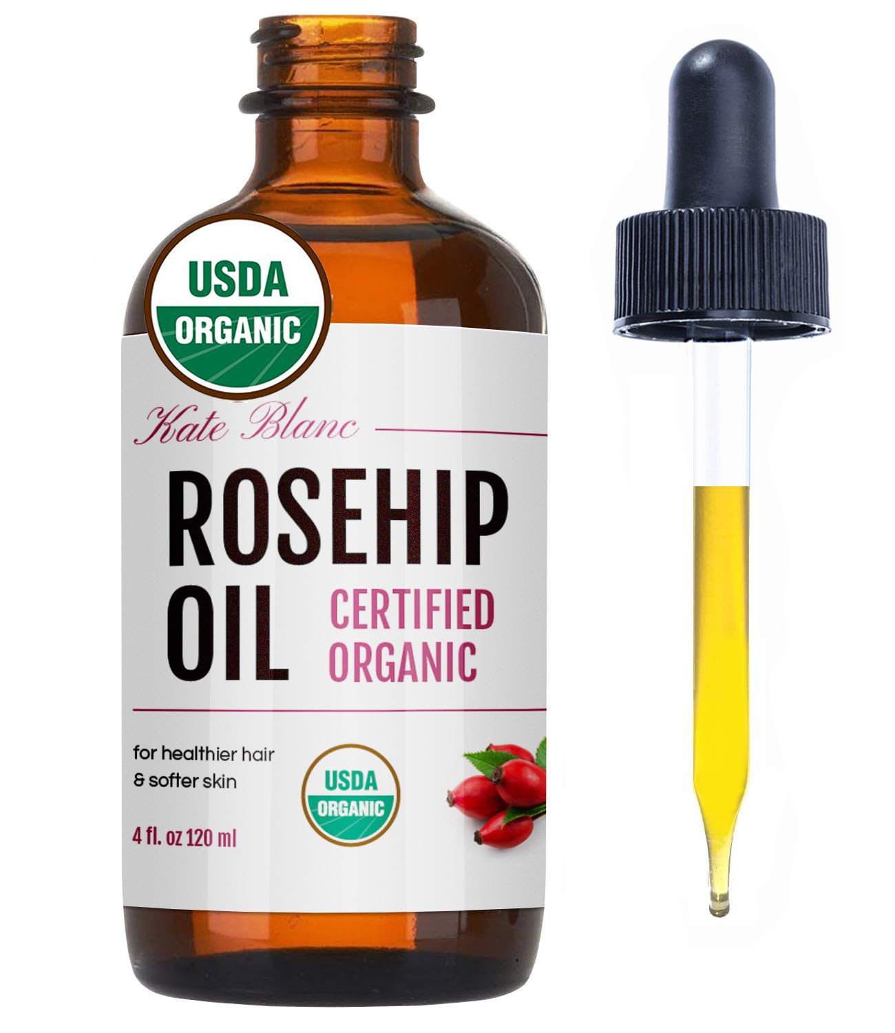 Kate Blanc Cosmetics Rosehip Oil for Face &amp; Skin (4oz, Organic, Pure, Cold Pressed) Rosehip Seed Face Oil for Facial &amp; Gua Sha Massage