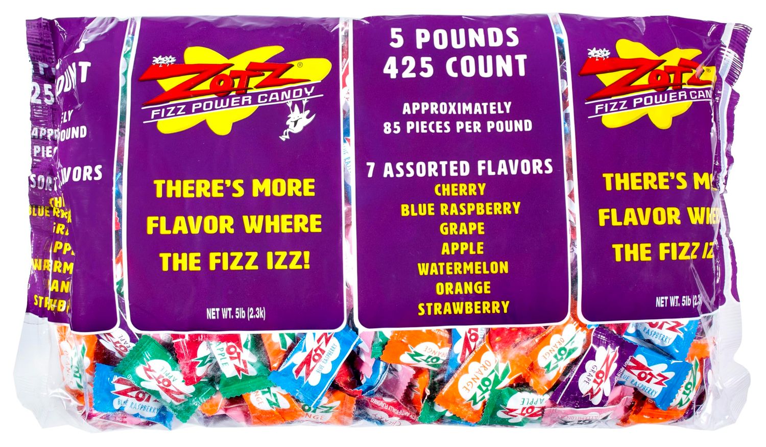 Zotz Fizzy Bulk Candy (Assorted, 425 Units)- Hard Candy Individually Wrapped- Assorted Fruit Flavors, Cherry, Watermelon, Strawberry, Blue Raspberry, Apple, Orange &amp; Grape- From Italy Since 1970
