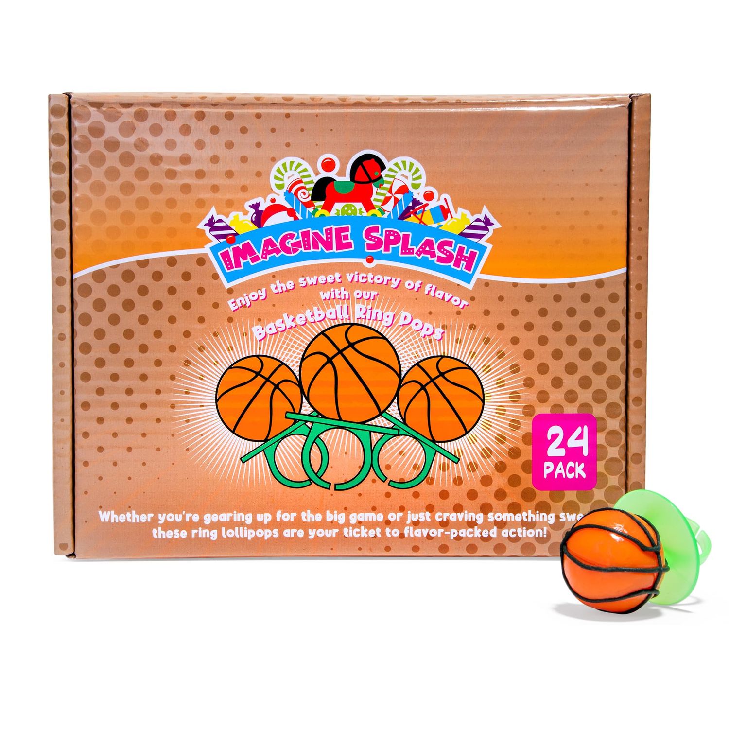Basketball Ring Pops - Pack of 24 - Orange Flavored, Wearable Candy for Kids - Individually Wrapped Party Favors &amp; Game Day Treats