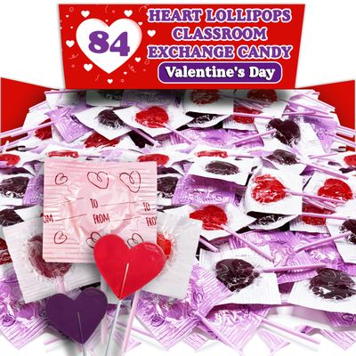 Valentine&#39;s Heart Lollipops, 84 Count Bulk Valentine Exchange Lollipops, Heart Shaped Assorted Fruit Flavored Lollipops Individually Wrapped, Addressable Labels for Classroom Exchange