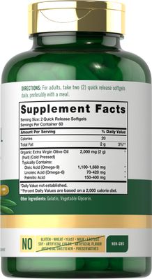 Carlyle Olive Oil Supplement Softgel Capsules 2000mg 120 Count Cold Pressed Extra Virgin Olive Oil Non-GMO, Gluten Free
