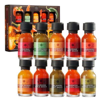 Kiri &amp; Sons Gourmet Hot Sauce Sampler Gift Set of 10, Flavors Include Habanero, Scotch Bonnet, Jalapeno, Sriracha, Louisiana Style, Cayenne, Red &amp; Green Chili and More, Variety Pack Gifts