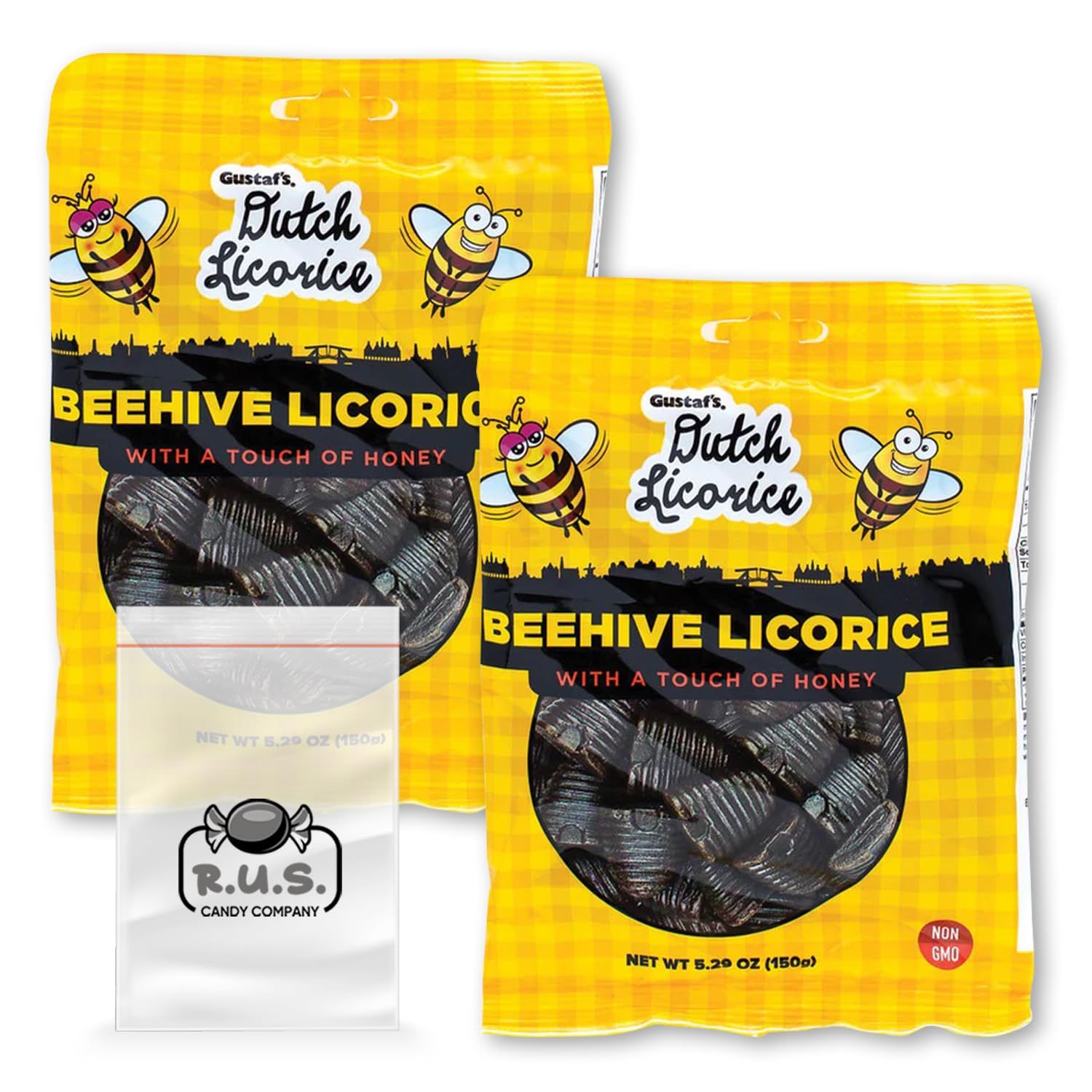 Gustaf&#39;s Dutch Licorice Beehive Licorice 2 Pack - 5.29 oz Each Authentic Dutch Candy Imported Semi-Firm Licorice - comes with RUS Candy Company travel size bags (Beehive)