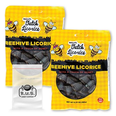 Gustaf&#39;s Dutch Licorice Beehive Licorice 2 Pack - 5.29 oz Each Authentic Dutch Candy Imported Semi-Firm Licorice - comes with RUS Candy Company travel size bags (Beehive)