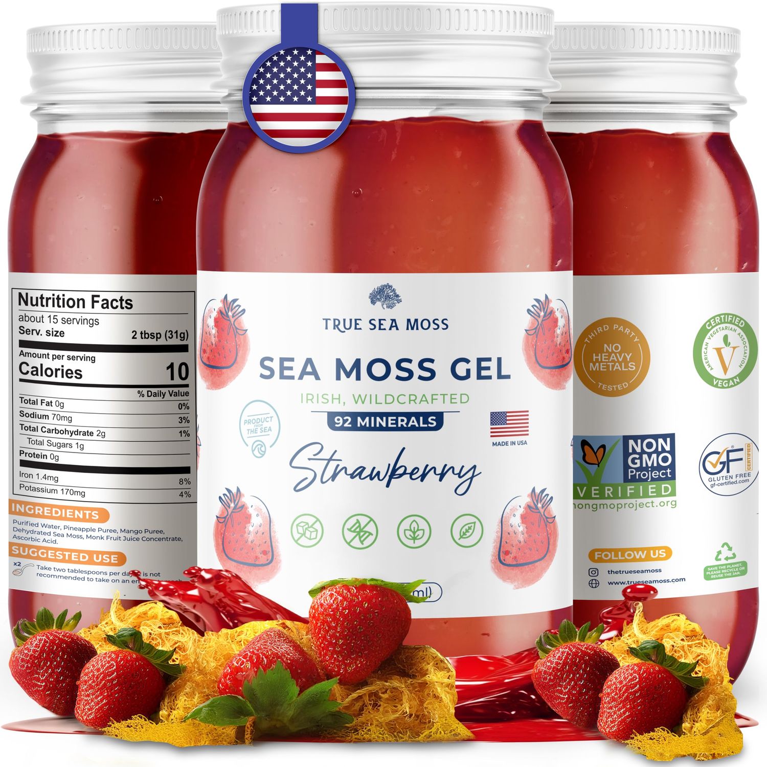 TrueSeaMoss Wildcrafted Irish Sea Moss Gel - Made with Premium Sea Vegetables - Vegan-Friendly, Supports Digestive Health - Made in USA (Strawberry, Pack of 1)
