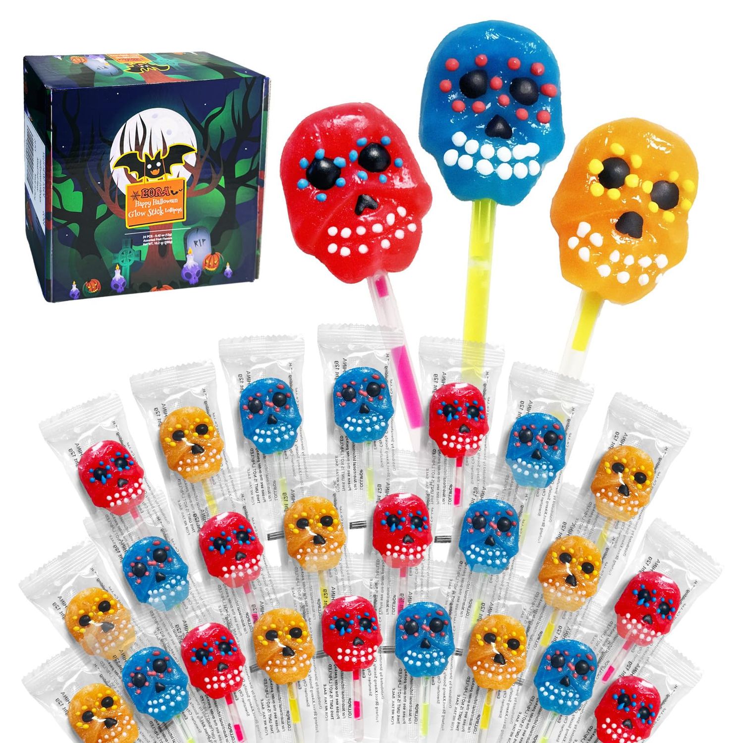 Halloween Lollipop Suckers Candy 24 Pack, Skull Candy Lollipops, Glow Stick Candy Sucker Lollipops Individually Wrapped for Halloween Goody Bag Fillers - Trick or Treat