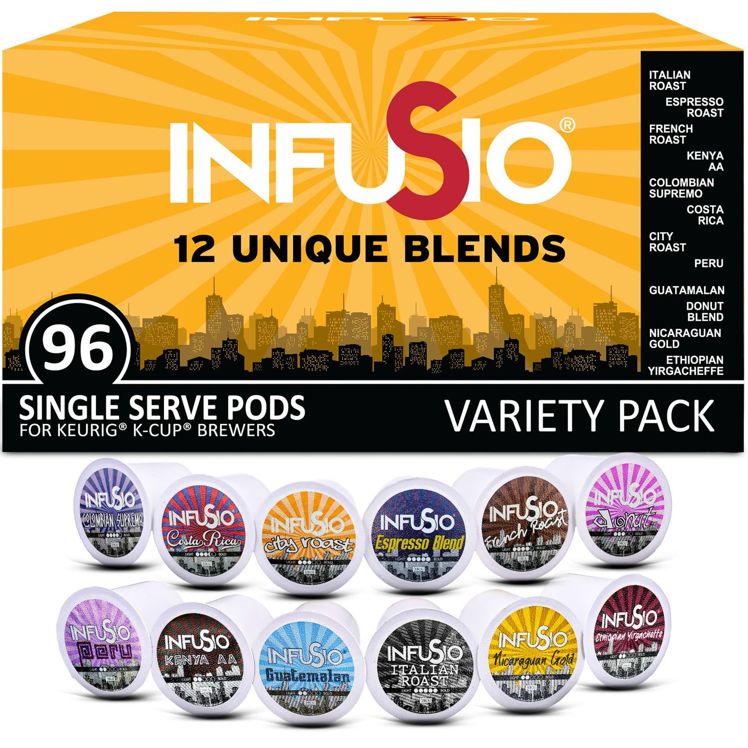 InfuSio Coffee Pods 96 Count Variety Pack with 12 Sophisticated Dark Bold and Medium Roast Blend Single-Serve Coffee Pods for Keurig K Cups Brewers - Premium Roast - Keurig 2.0 Compatible
