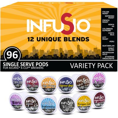 InfuSio Coffee Pods 96 Count Variety Pack with 12 Sophisticated Dark Bold and Medium Roast Blend Single-Serve Coffee Pods for Keurig K Cups Brewers - Premium Roast - Keurig 2.0 Compatible