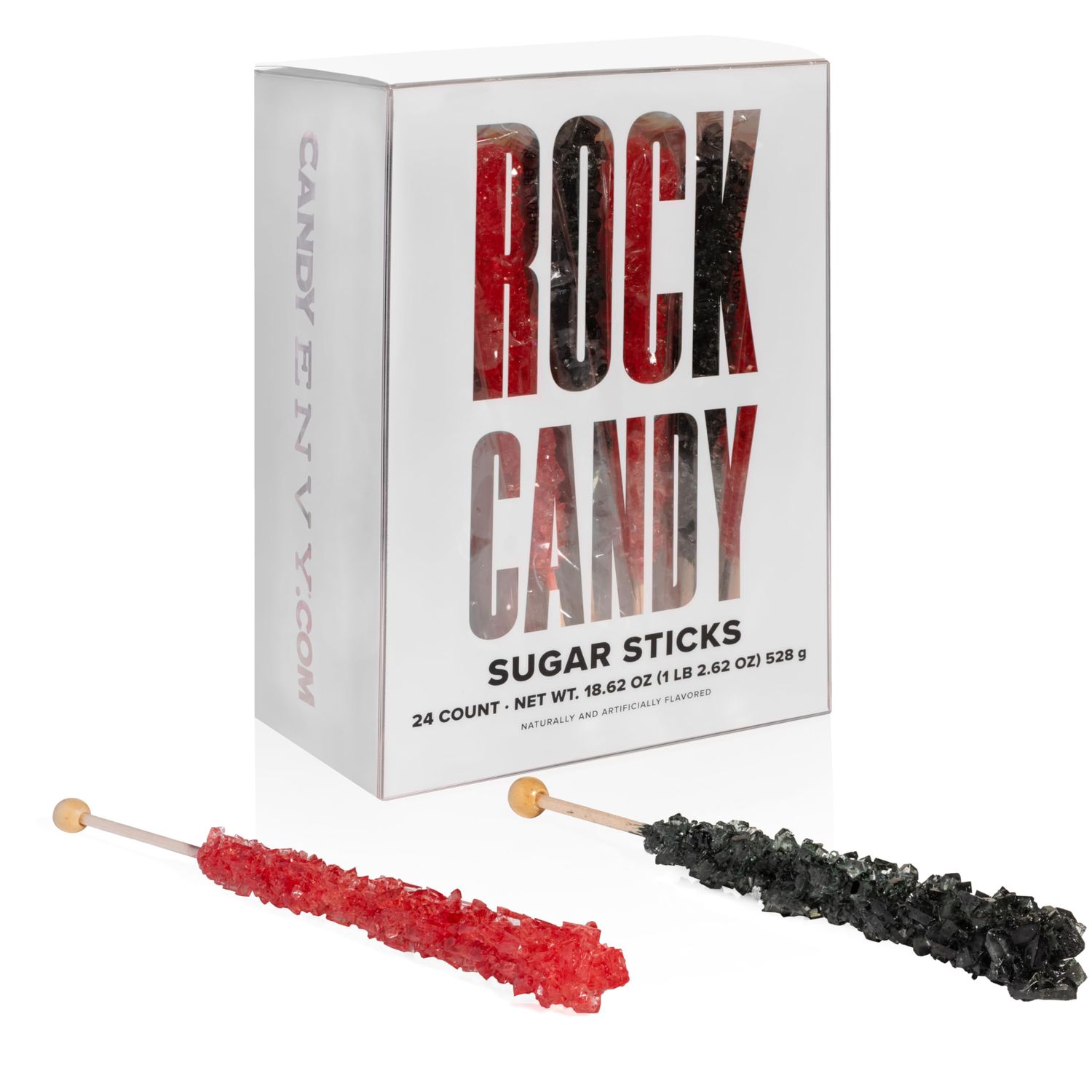 Black and Red Rock Candy Sugar Sticks - 24 Individually Wrapped - Black Cherry &amp; Strawberry Flavored