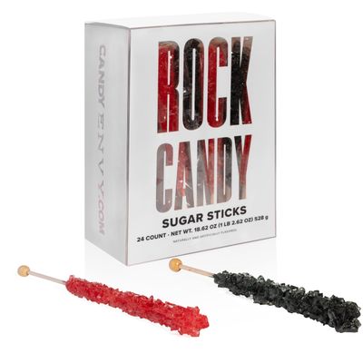Black and Red Rock Candy Sugar Sticks - 24 Individually Wrapped - Black Cherry &amp; Strawberry Flavored
