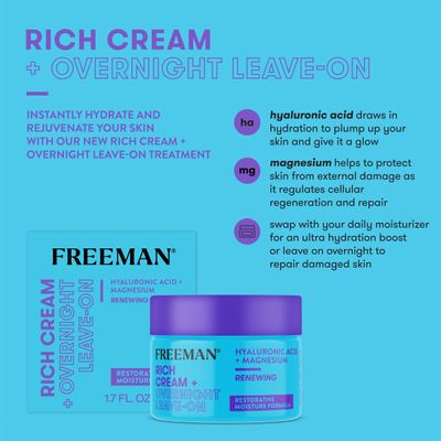 Freeman Rich Cream Overnight Leave-On, Moisturizing Face Mask, Facial Mask For Dry Skin, Face Cream Infused With Magnesium & Hyaluronic Acid To Hydrate & Soothe Skin, 1.7 fl.oz./ 50 mL Jar