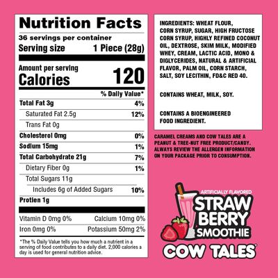 Goetze's Candy Strawberry Smoothie Cow Tales - 2.25 Pound Canister (36 Ounces) - Fresh from the Factory