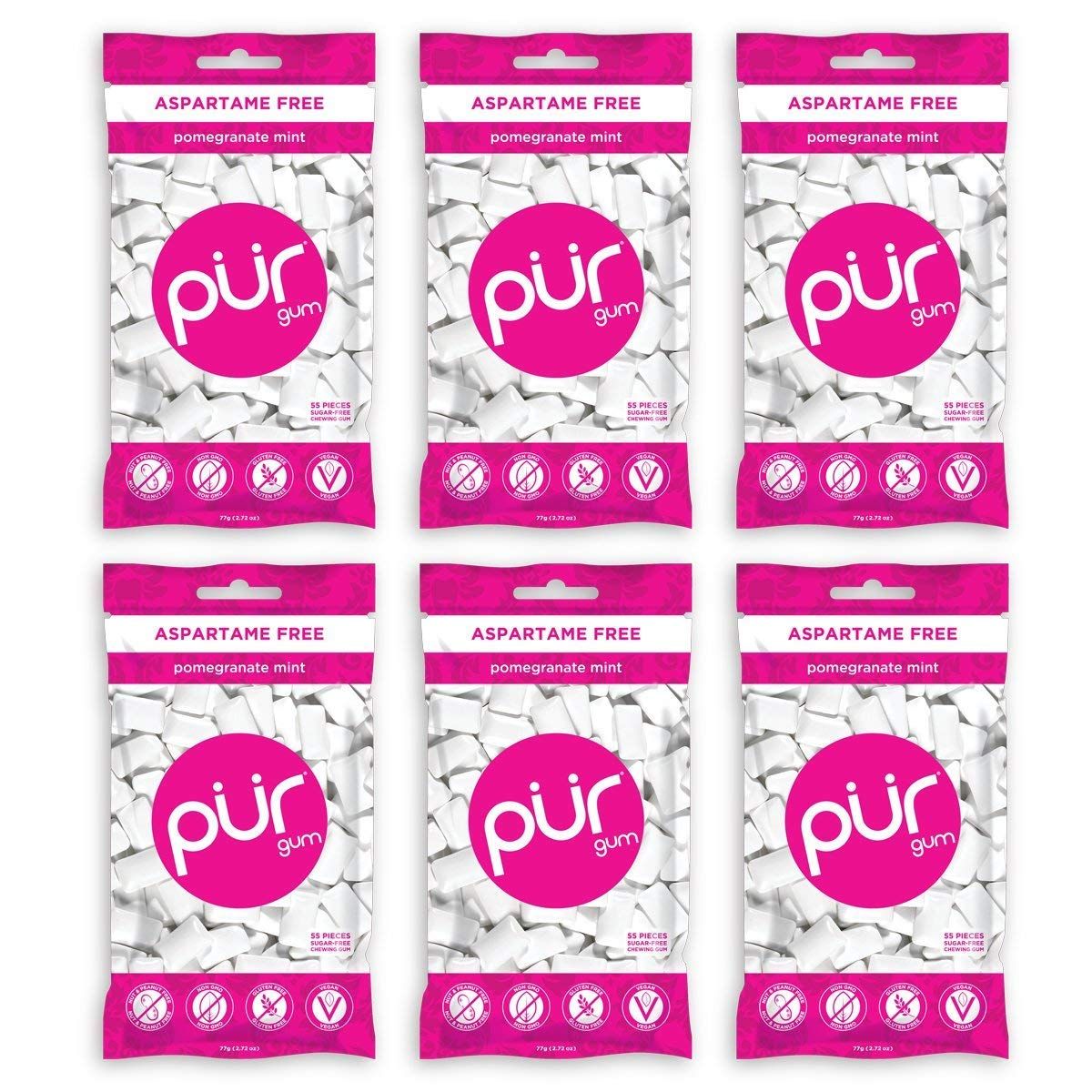 PUR 100% Xylitol Chewing Gum, Sugarless Pomegranate Mint, Sugar Free Aspartame Free Gluten Free, Vegan &amp; Keto Friendly - Low Carb, Simply Pure Natural Fruit Flavored Gum, 55 Pieces (Pack of 6)