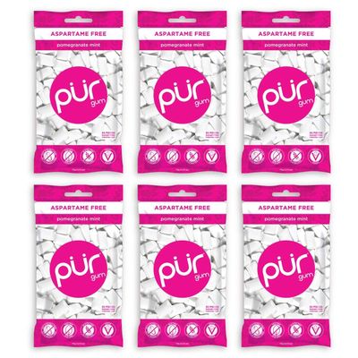 PUR 100% Xylitol Chewing Gum, Sugarless Pomegranate Mint, Sugar Free Aspartame Free Gluten Free, Vegan &amp; Keto Friendly - Low Carb, Simply Pure Natural Fruit Flavored Gum, 55 Pieces (Pack of 6)