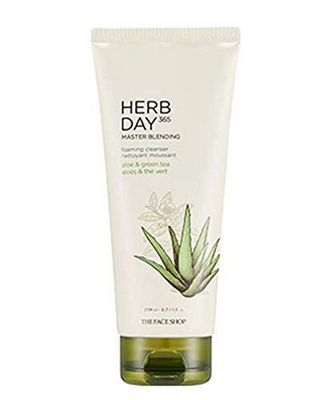The Face Shop Herb Day 365 Master Blending Cleansing Foam Aloe &amp; Green Tea Face Cleanser - Moisturizing, Hydrating, Soothing Face Wash - Korean Skin Care Facial Cleanser - Suitable for All Skin Types