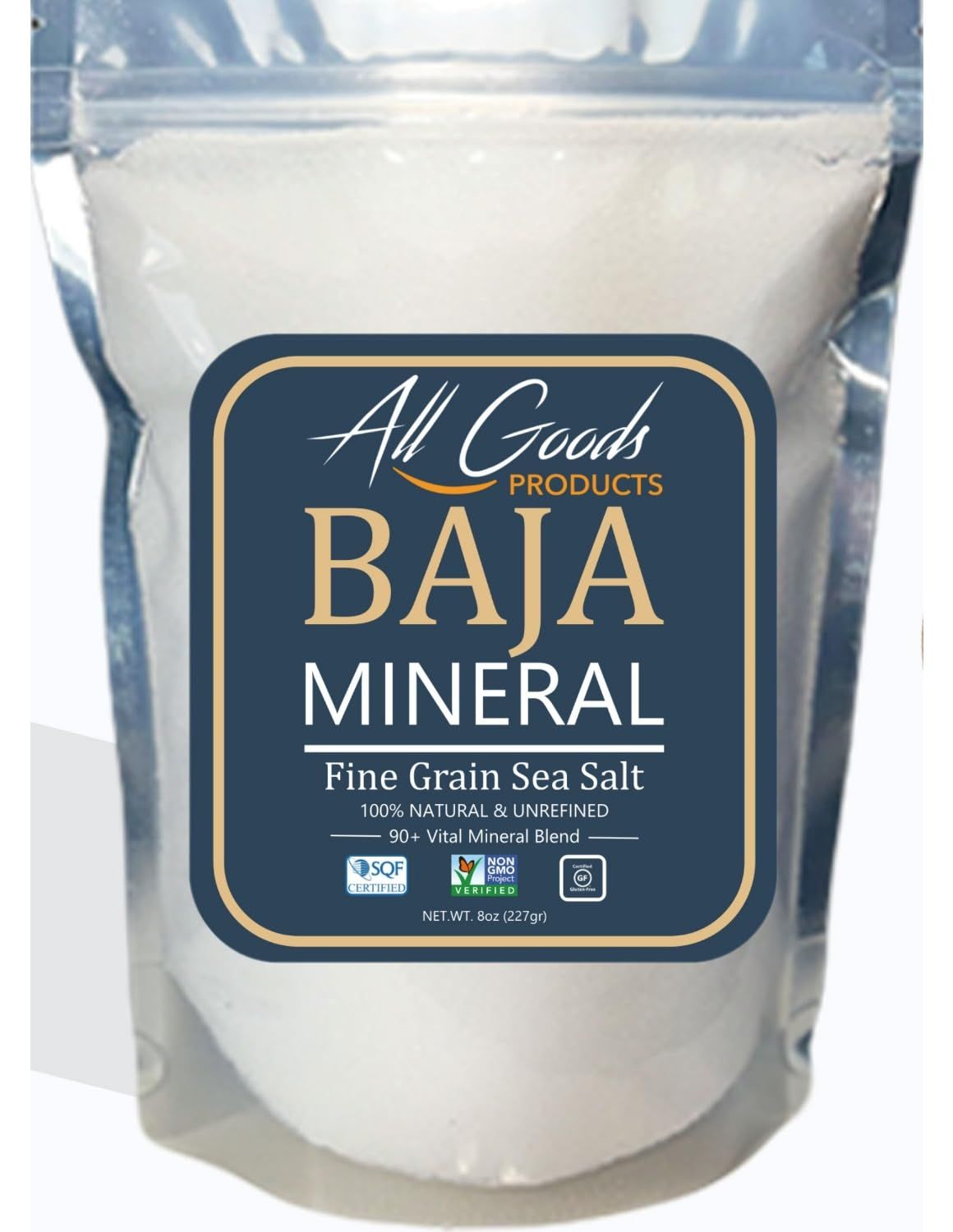 All Goods Products Baja Mineral Sea Salt - Fine Grain, 8 oz, 100% Natural, Hand-Harvested, Loaded with 90 Essential Minerals, 30% Less Sodium, Kosher, Unrefined.