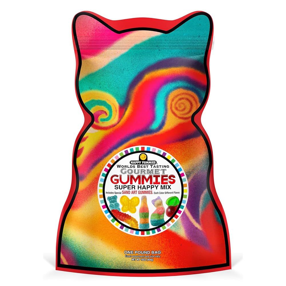 Happy Yummmies Sand Art Gummy Mix, Multi Flavor Bears, Worms, Candy Snacks, Gourmet Candies, with fun Resealable Bag - 1lb