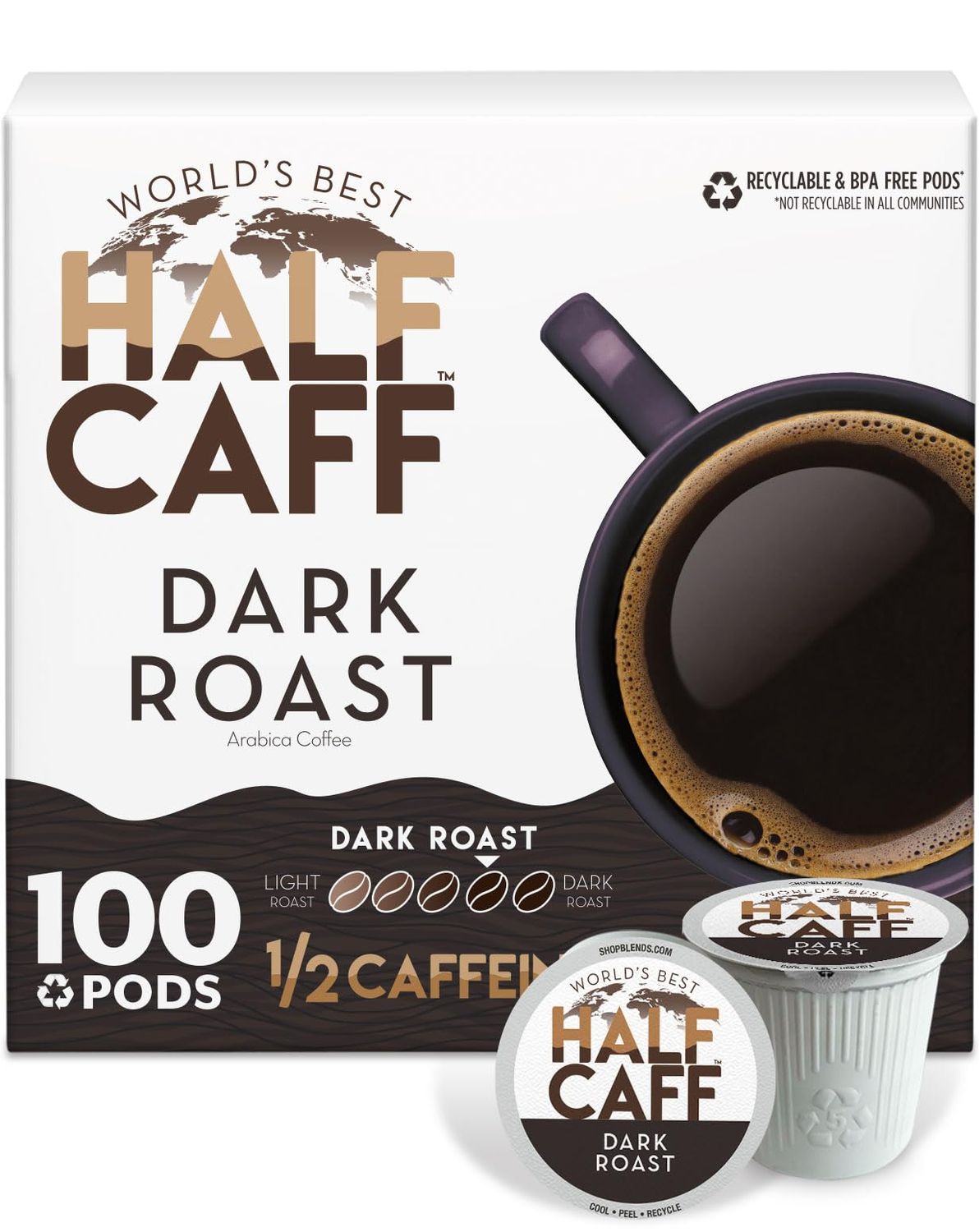 World&#39;s Best Half Caff Dark Roast Coffee Pods, 100 ct, Recyclable Single Serve Pods - 100% Arabica Coffee, Compatible with Keurig K Cups Maker