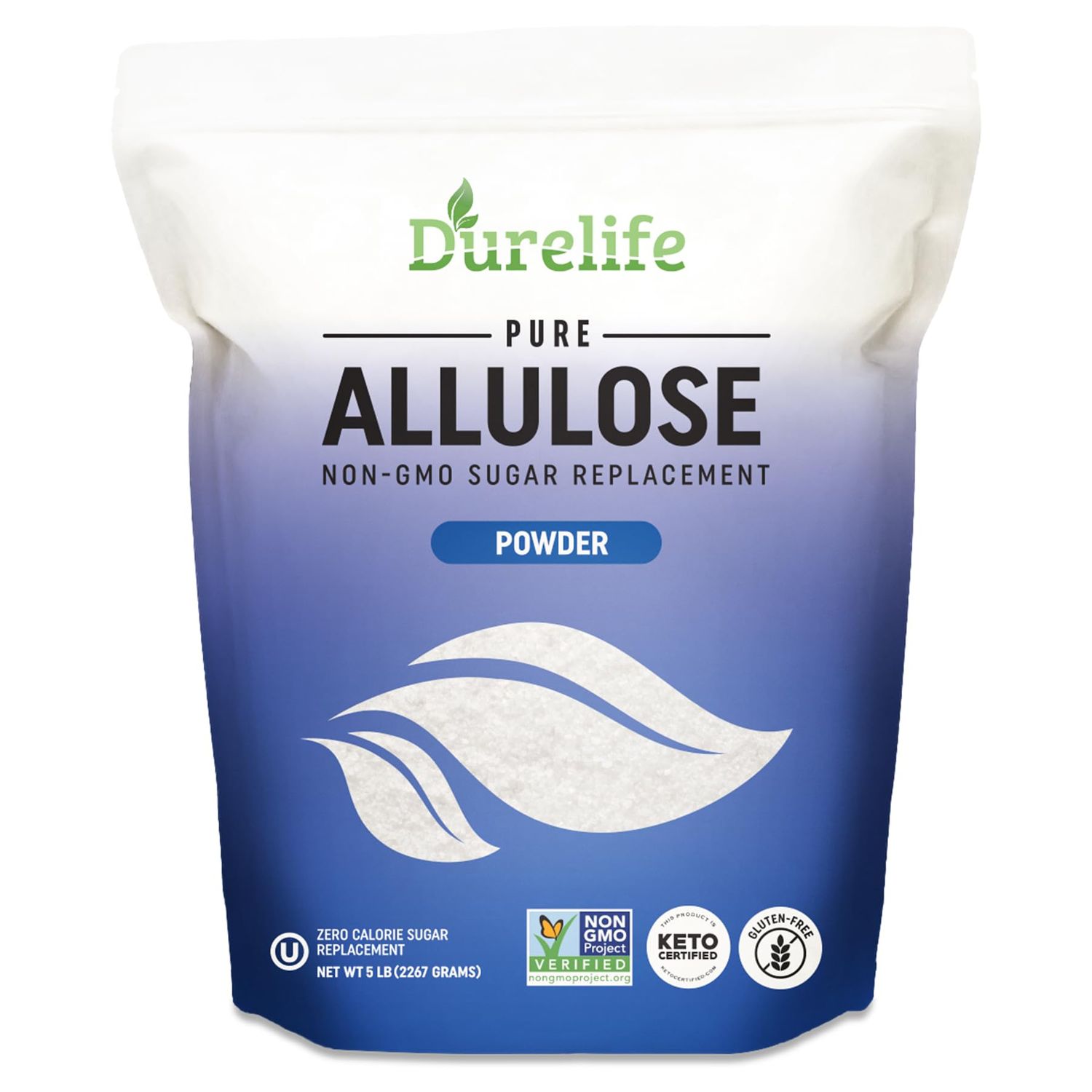 Durelife Allulose sweetener, 5 lb 100% Pure No Erythritol powdered Sugar Substitute, NON-GMO Project Verified, Keto Certified, OU kosher, No Fillers, Zero Calories sugar alternative 5 Lbs