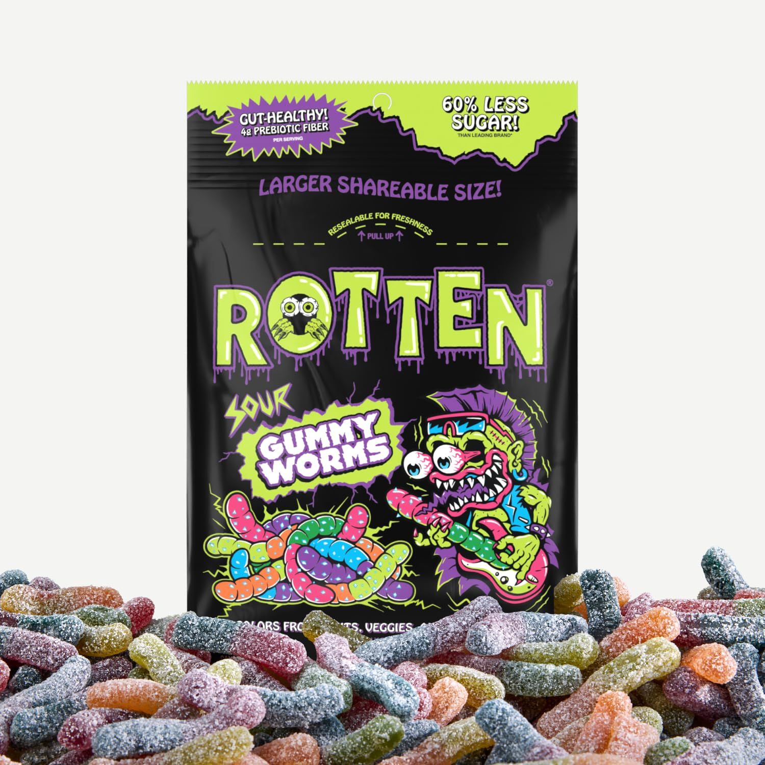 Rotten Sour Gummy Worms - Low Sugar, Low Calorie, 7g Gut-Friendly Prebiotic Fiber and 3g Protein, Gluten Free Candy - 5.3 oz Share Pack