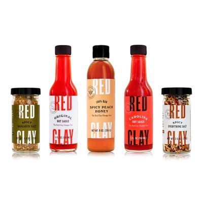 Red Clay Hot Sauce &amp; Hot Honey, Whole Shebang Variety Pack (Original, Carolina Hot, Verde, Hot Honey and Southern Honey); Cold-Pressed, Fermented and Barrel-Aged Hot Sauces; 100% Raw Honey, 5 Count