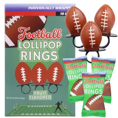 Lil&#39; League Football Candy Lollipop Rings, Individually Wrapped for Tailgates, Birthday Party Favors, and End of Season Banquets, 18 Suckers