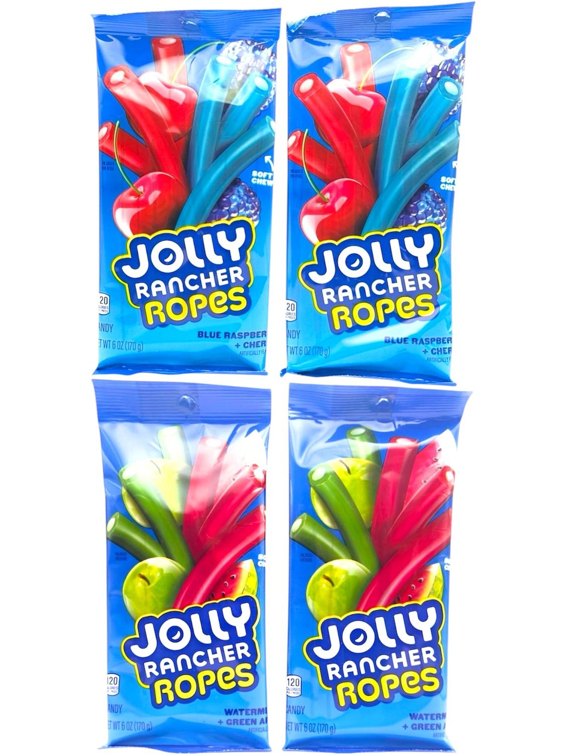 Joly Ranch Assorted Fruity Candy Ropes - 2 Watermelon/Green Apple, 2 Blue Raspberry, Cherry - Soft Chewy Candy Snacks 4 PACK - large shareable movie size 6 OZ Bags.