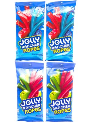 Joly Ranch Assorted Fruity Candy Ropes - 2 Watermelon/Green Apple, 2 Blue Raspberry, Cherry - Soft Chewy Candy Snacks 4 PACK - large shareable movie size 6 OZ Bags.