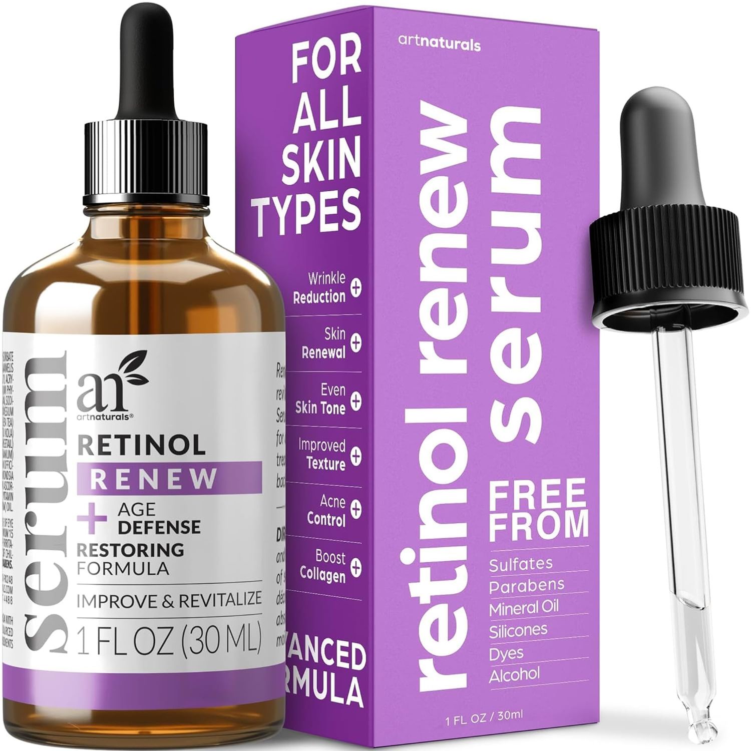 ArtNaturals Retinol Serum for Face - with Vitamin C, 2.5% Retinol Oil &amp; Hyaluronic-Acid - Skin Clearing - Anti-Aging, Anti-Wrinkle Eye Serum - Skin Repair, Night Therapy (1 Fl Oz / 30ml) (ANGA-0127)