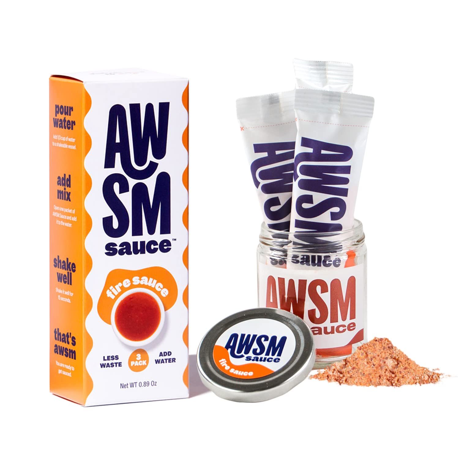AWSM Sauce Chesapeake Fire Powdered Sauce Savory and Spicy Hot Sauce, Just Add Water, Low Waste, Delicious and Sustainable Powdered Fire Sauce Starter Kit, 1 Jar &amp; 3 Sauce Packets