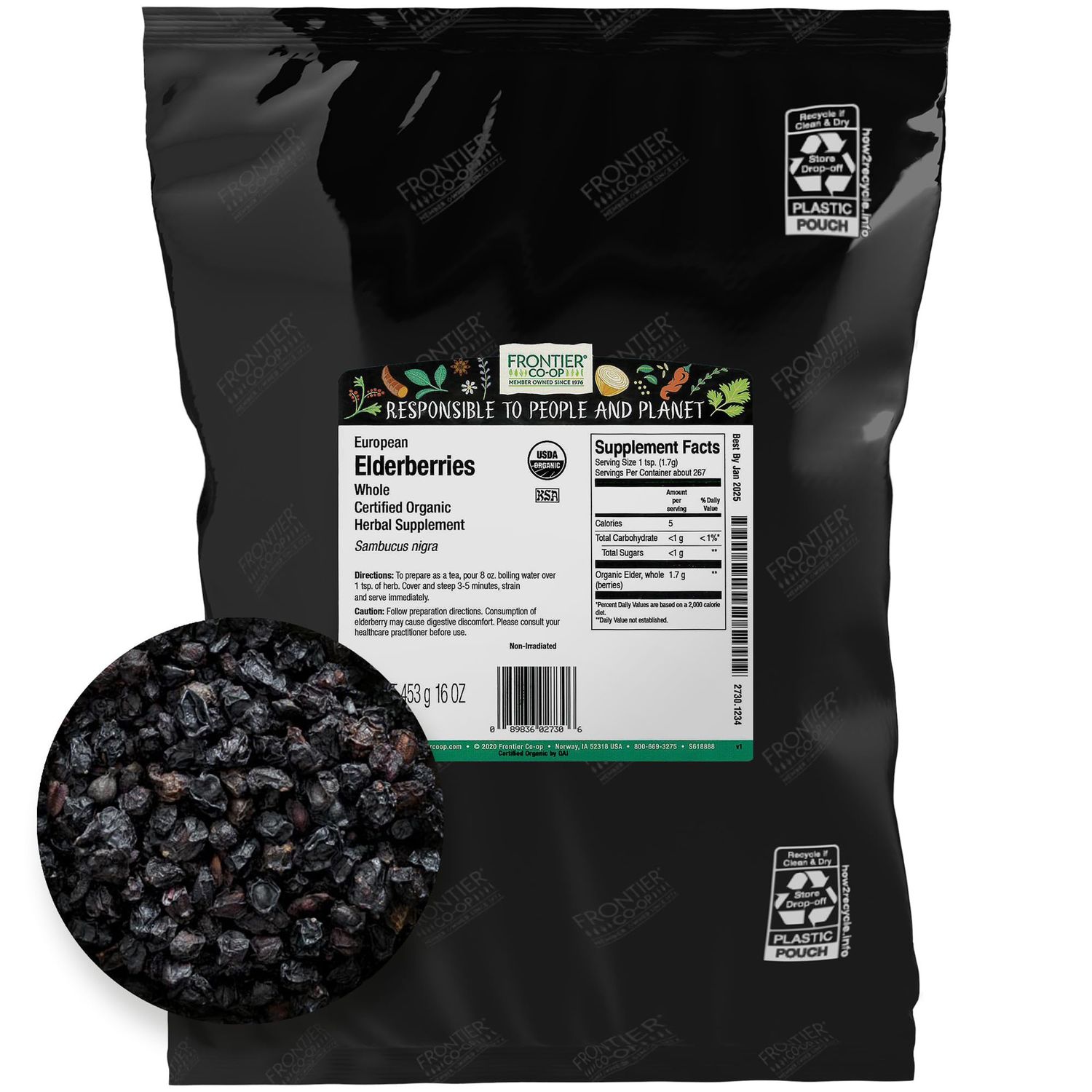Frontier Co-op Organic Dried Elderberries, 1lb Bulk Bag, European Whole Kosher and Non-GMO Organic Elderberry Berries Dried, for Tea, Immune Support