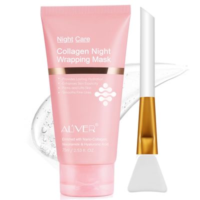 Collagen Night Wrapping Mask, Peel Off Face Mask with Jelly Brush, Jelly Masks for Facials Professional Korean Skin Care, Elasticity &amp; Hydration Care Overnight Collagen Mask for Women - 2.53 oZ