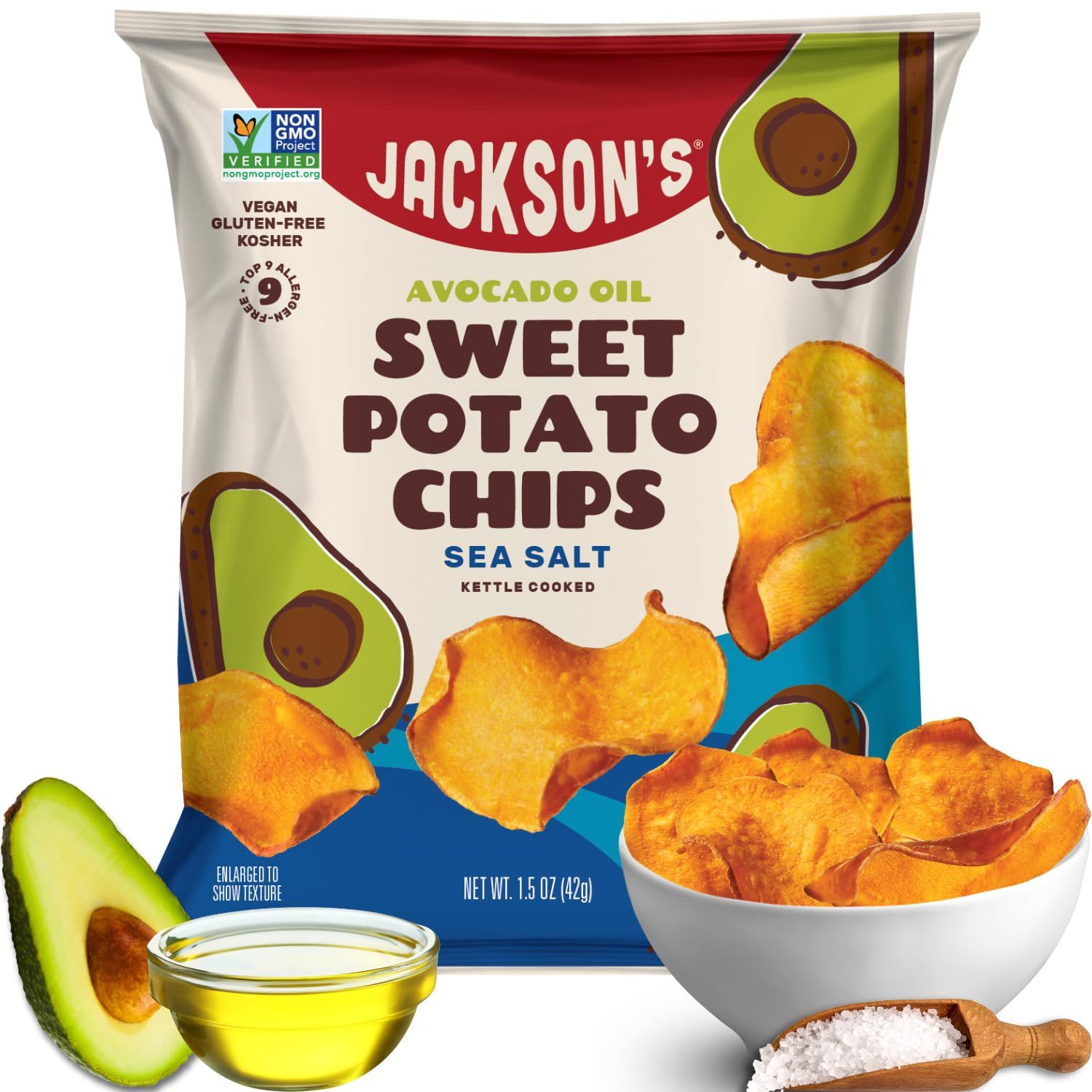Jacksons Sweet Potato Kettle Chips with Sea Salt made with Premium Avocado Oil (1 oz, Pack of 15) - Allergen-friendly, Gluten Free, Peanut Free, Vegan, Paleo Friendly - Shark Tank Product