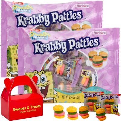 Krabby Patty Gummy Candy Sponge Bob Individually Wrapped Burger Shaped Pattie Easter Egg Hunt Diy Basket Filler &amp; Stuffer Treat Deco Party Favor Gift - Plus Muchai Box (2 Pack Bag)