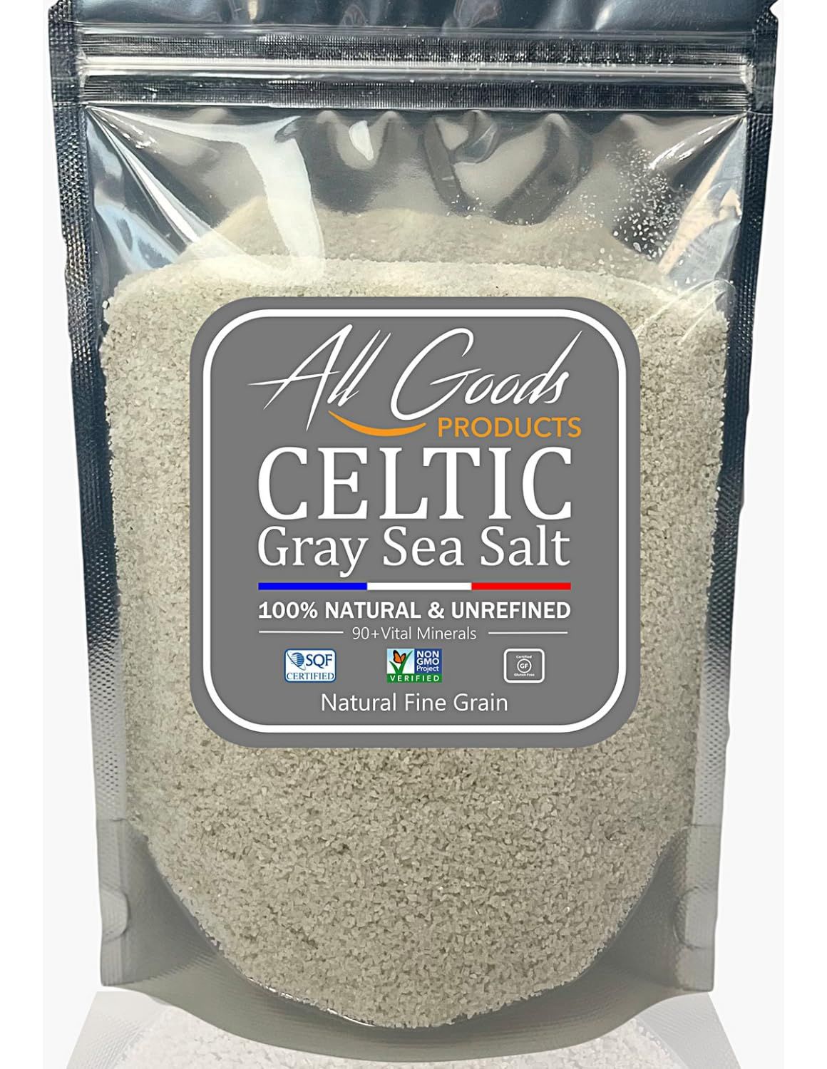 All Goods Celtic Salt Organic 82 Minerals Fine Ground - 7oz, French Gray, Hand-Harvested, Les Gurandais, Unrefined.