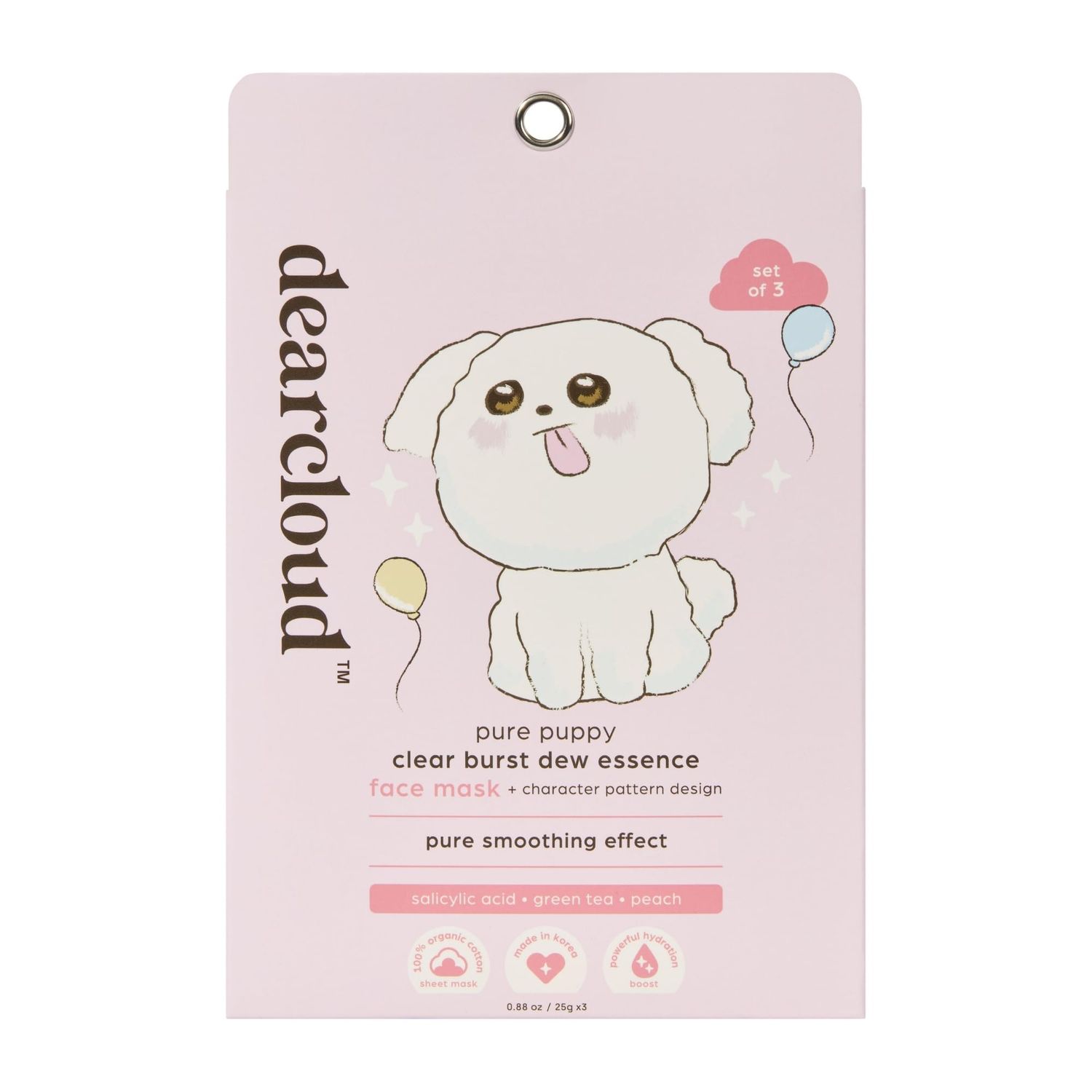 dearcloud Pure Puppy Clear Burst Dew Essence Face Mask, Korean Sheet Mask - Salicylic Acid, Green Tea &amp; Peach (3 Pack)