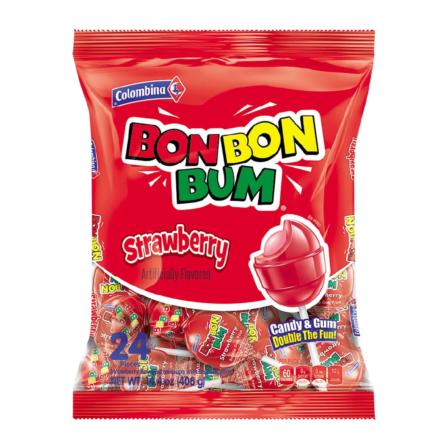 Colombina Bon Bon Bum Lollipops w/Bubble Gum Center, Strawberry Flavor, Individually Wrapped, Ideal for Party Favors and Gifts, 1 Pack (24 Count)