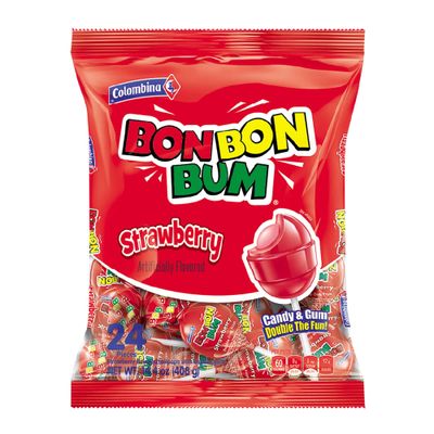 Colombina Bon Bon Bum Lollipops w/Bubble Gum Center, Strawberry Flavor, Individually Wrapped, Ideal for Party Favors and Gifts, 1 Pack (24 Count)