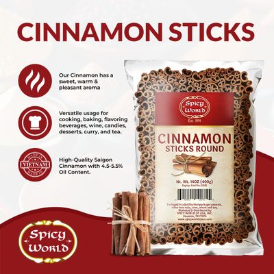 Spicy World Cinnamon Sticks 14 Oz Bag 100 Sticks - Strong Aroma, Perfect for Baking, Cooking & Beverages - 3 Inches Length - Cassia Saigon Cinnamon from Vietnam