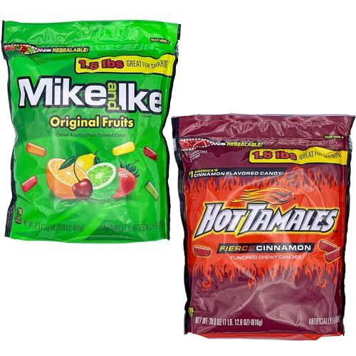 Mike n Ike Original and Hot Tamales Candy Bundle Duo, 1.8 Lb (Pack of 2) Bulk Fruity and Hot Cinnamon Chewy Candy Duo for Parties and Events with Yummyland sticker.
