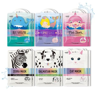 Epielle Character Sheet Masks Dalmatian, Zebra, Cat, Shark, Narwhal, Mermaid Scale Animal Spa Mask Korean Beauty Mask -For All Skin Types, (Pack of 12) Birthday Party Gift for her kids, Spa Day