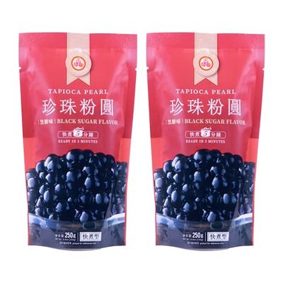 WuFuYuan Boba Tapioca Pearls, Black Sugar Flavor, Ready to Cook in 5 Minutes or Microwave in 3 Minutes, 8.8 oz. (Pack of 2)