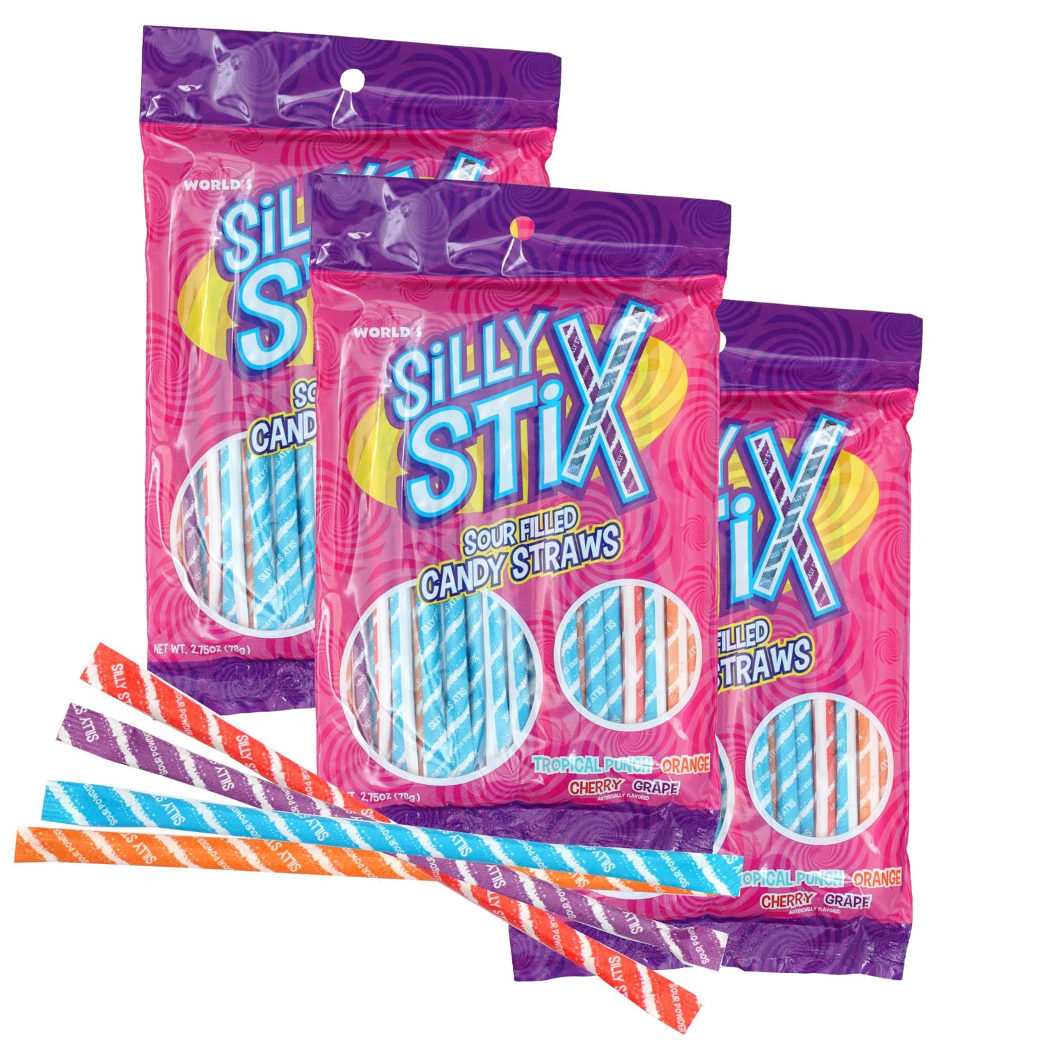 Candy Straws, 2.75 Ounce Bags (Pack of 3), Sour Filled Candy Straw 4 Flavors, Silly Stix, The Hampton Candy Company