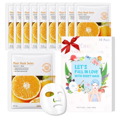 Kaely 10 Pack Vitamin C Sheet Masks, Hydrating Smoothing Face Masks for Women Men, Facial Mask Skin Care Korean, Moisturize Nourish for All Skin Types, Birthday Christmas Gifts, Set06