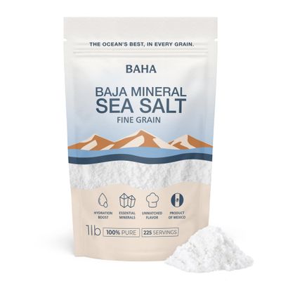 BAHA - Baja Mineral Sea Salt Fine Grain Baha Mineral Gold Salt from Sea of Cortez Low Sodium &amp; Mineral For Cooking, Plating and Hydration Traceable Origins 1 Lb. Bag
