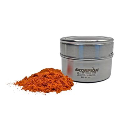 Scorpion Pepper Powder - 1 oz. - Add Heat to Cooking or Hot Sauce. Magnetic Tin with Pouring Ports. Handle with Care!