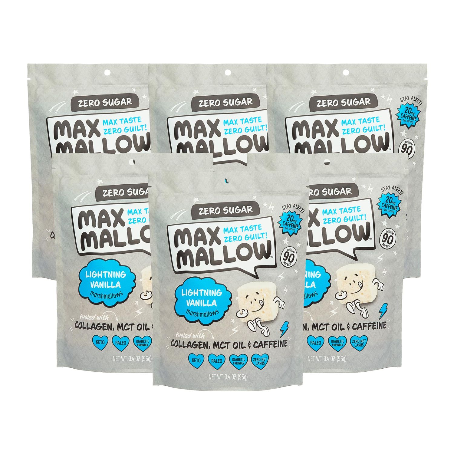 Max Mallow Sugar Free Marshmallows - Keto Friendly, Perfect for S&#39;mores, Hot Chocolate, and Baking with Zero Sugar Snacks, Smores Mct Oil Zero Sugar Marshmellow Marshmallow Lightning Vanilla, 6 Pack