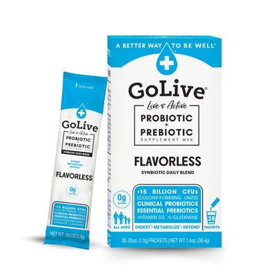 GoLive Prebiotic &amp; Probiotic for Women, Men, Kids. Flavor-Free, Sugar-Free, Synbiotic Powder w/ GOS, L-Glutamine, Vitamin D3, Electrolytes. For Gut Health, Digestion, Metabolism, Immunity 15-50B CFUs.